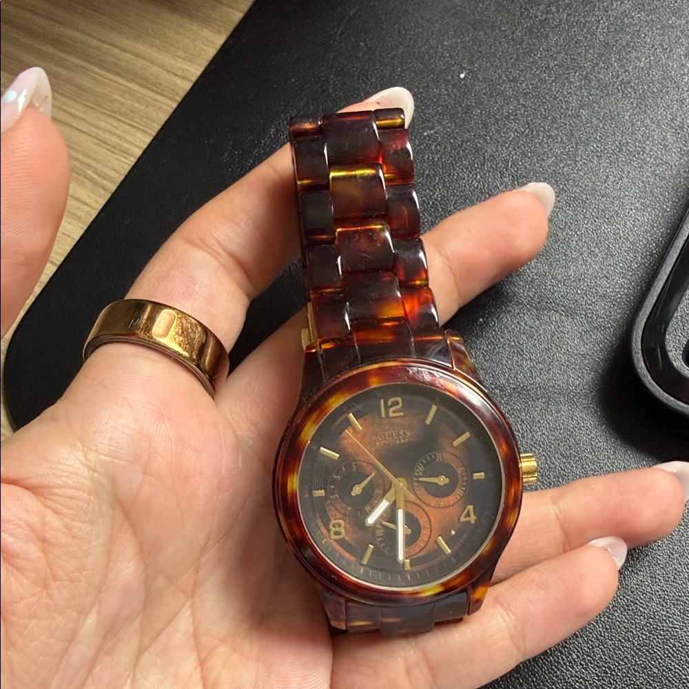 GUESS Tortoiseshell Resin Analog Watch with Gold Accents